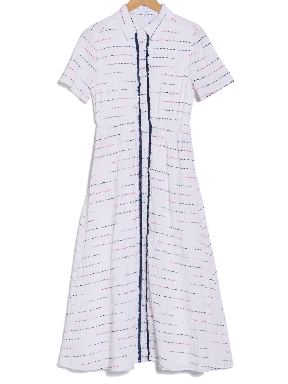 Area Stars White Button Front Midi Dress with Navy Trim EUC